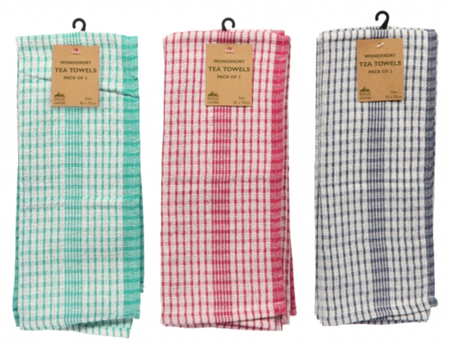 6 Pack Wonderdry 100% Cotton Tea Towels - Fast Drying Kitchen Dishcloths (Blue, Green, Red Check)