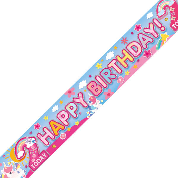 Age 2 Rainbow Unicorn Holographic Birthday Banner - 2.7m