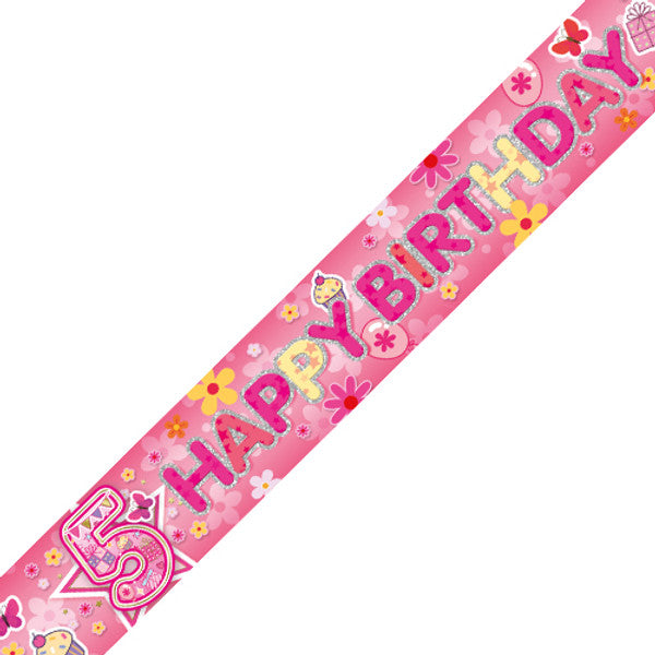 Age 5 Pink Party Holographic Birthday Banner - 2.7m