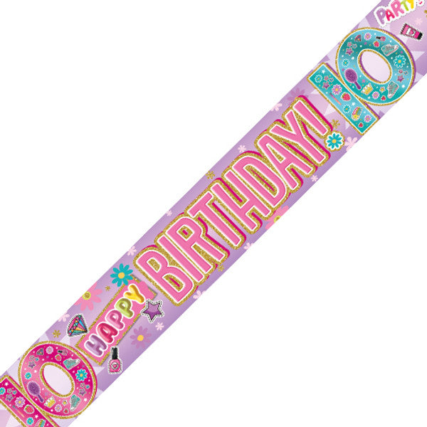 Age 10 Girly Stickers Holographic Birthday Banner - 2.7m