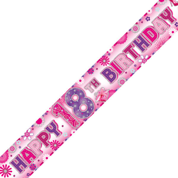 Age 18 Pink Flower Holographic Birthday Banner - 2.7m