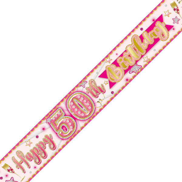 Age 50 Pink Celebration Holographic Birthday Banner - 2.7m