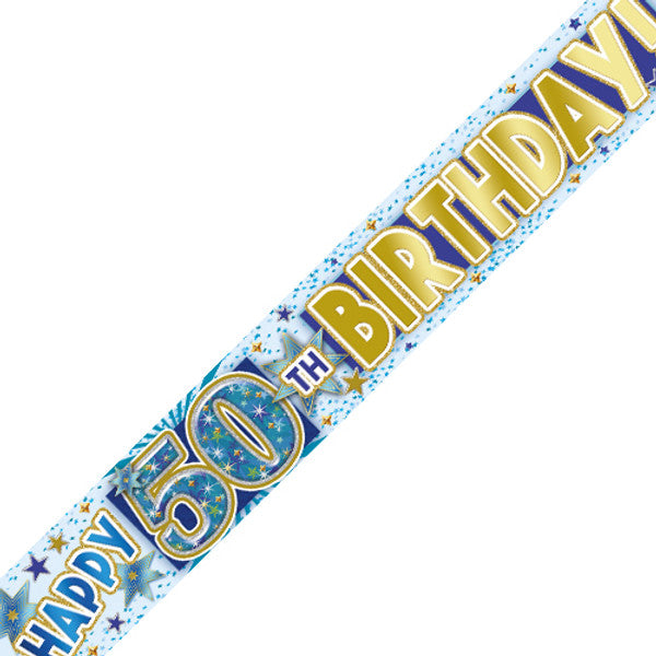 Age 50 Blue Celebration Holographic Birthday Banner - 2.7m