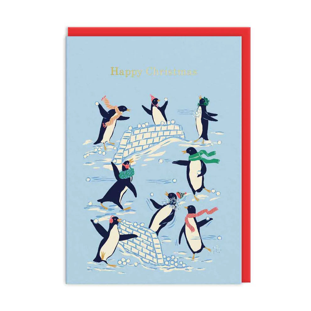 Penguins Snowball Fight Christmas Card