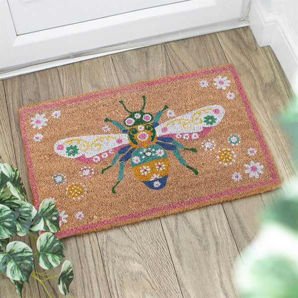 Natural Floral Bee Coir Doormat