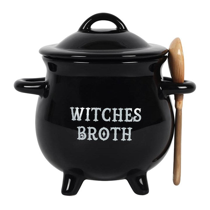 Witches Broth Ceramic Cauldron Soup Bowl with Broom Spoon