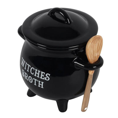 Witches Broth Ceramic Cauldron Soup Bowl with Broom Spoon