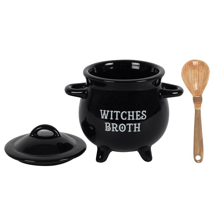 Witches Broth Ceramic Cauldron Soup Bowl with Broom Spoon