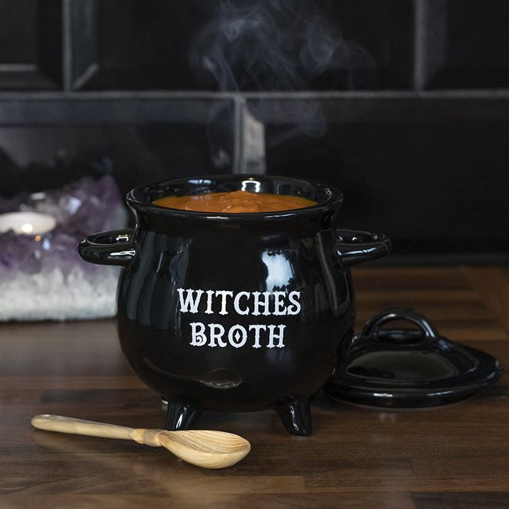 Witches Broth Ceramic Cauldron Soup Bowl with Broom Spoon