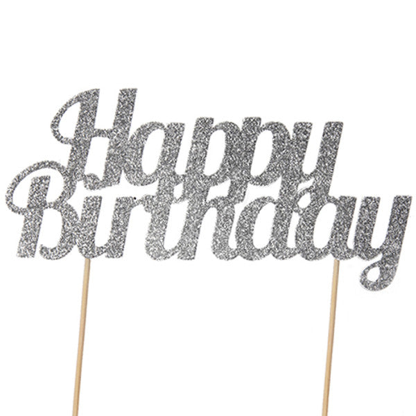 Happy Birthday Silver Glitter Cake Topper