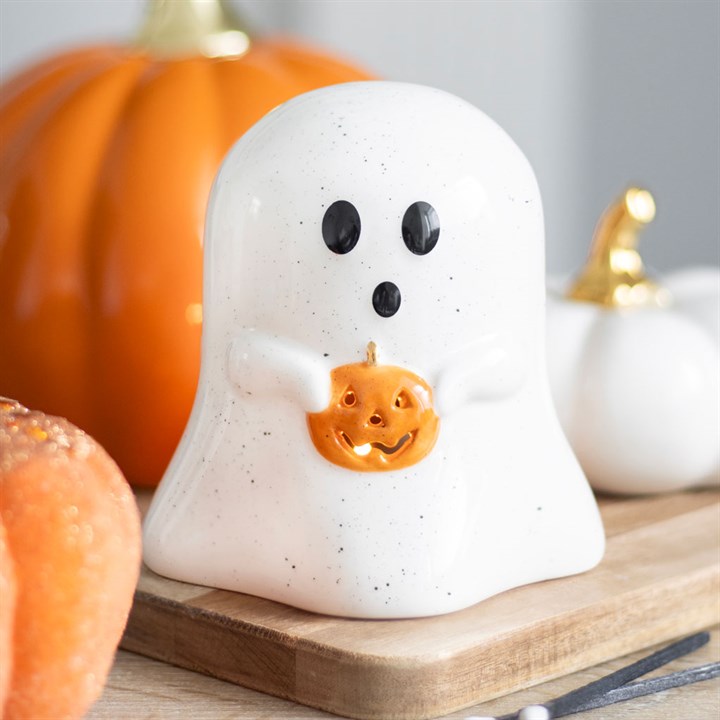 Ghost Shaped Ceramic Tealight Candle Holder with Pumpkin