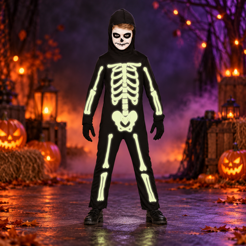 Child wearing a glow-in-the-dark skeleton Halloween costume