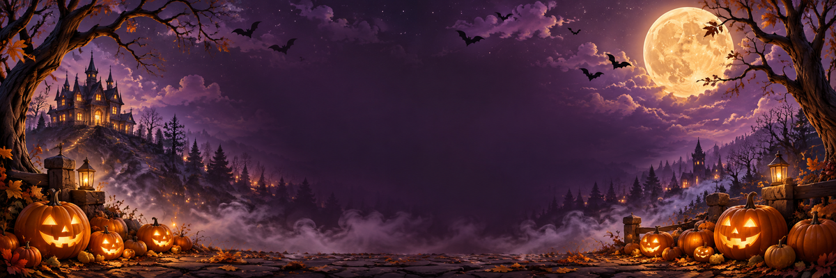 Illustrated Halloween night with glowing pumpkins, bats and a haunted house