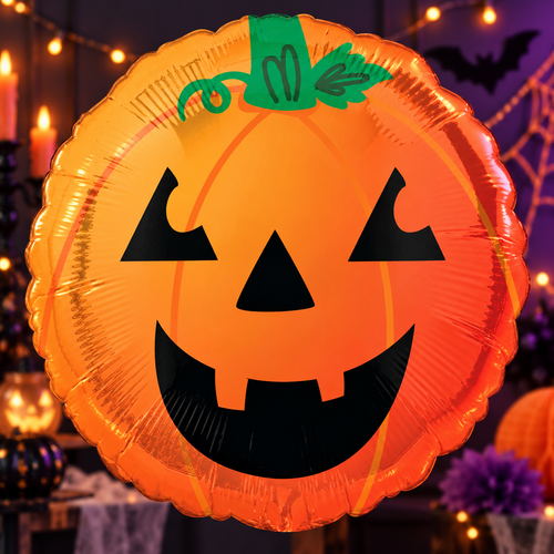 Smiling pumpkin foil balloon in a Halloween party setting