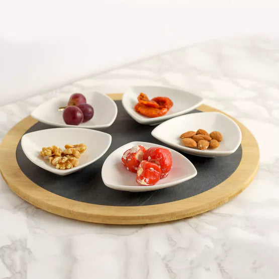 Set of 5 Cermaic Dishes with Round Slate Tray