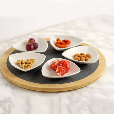 Set of 5 Cermaic Dishes with Round Slate Tray