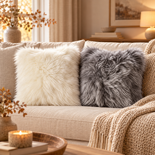 Ivory and grey sheepskin cushions styled on a cosy sofa