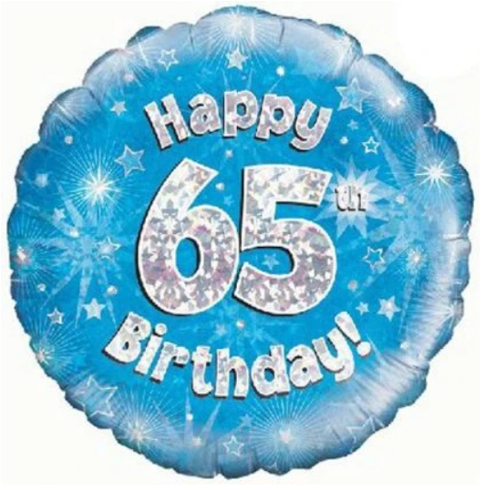 65 Happy Birthday Blue Holographic Balloon