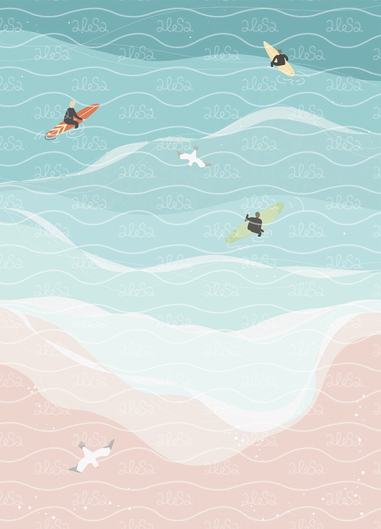 Surfers in the Sea A3 Print ~ Alesa Design