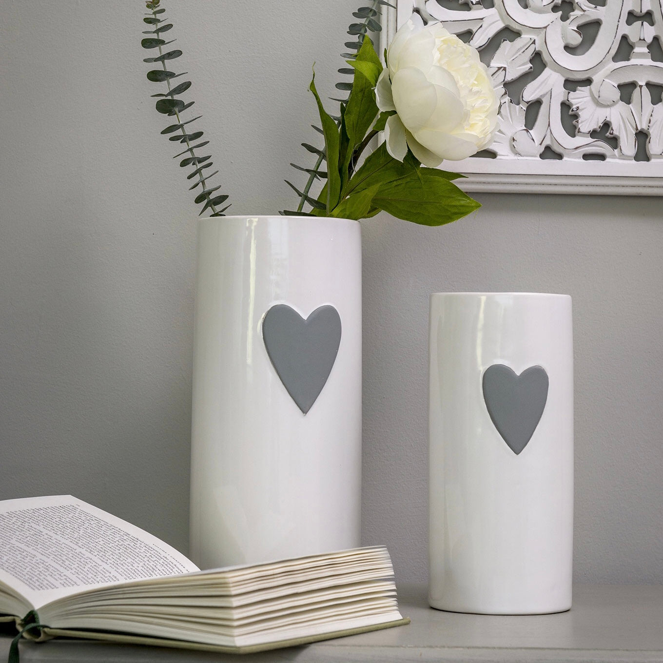 Small White Vase with Grey Heart