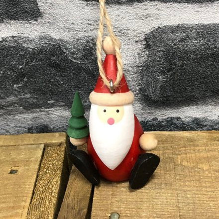 Sitting Wooden Santa Decoration