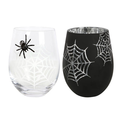 Set of 2 Spider & Web Stemless Glasses